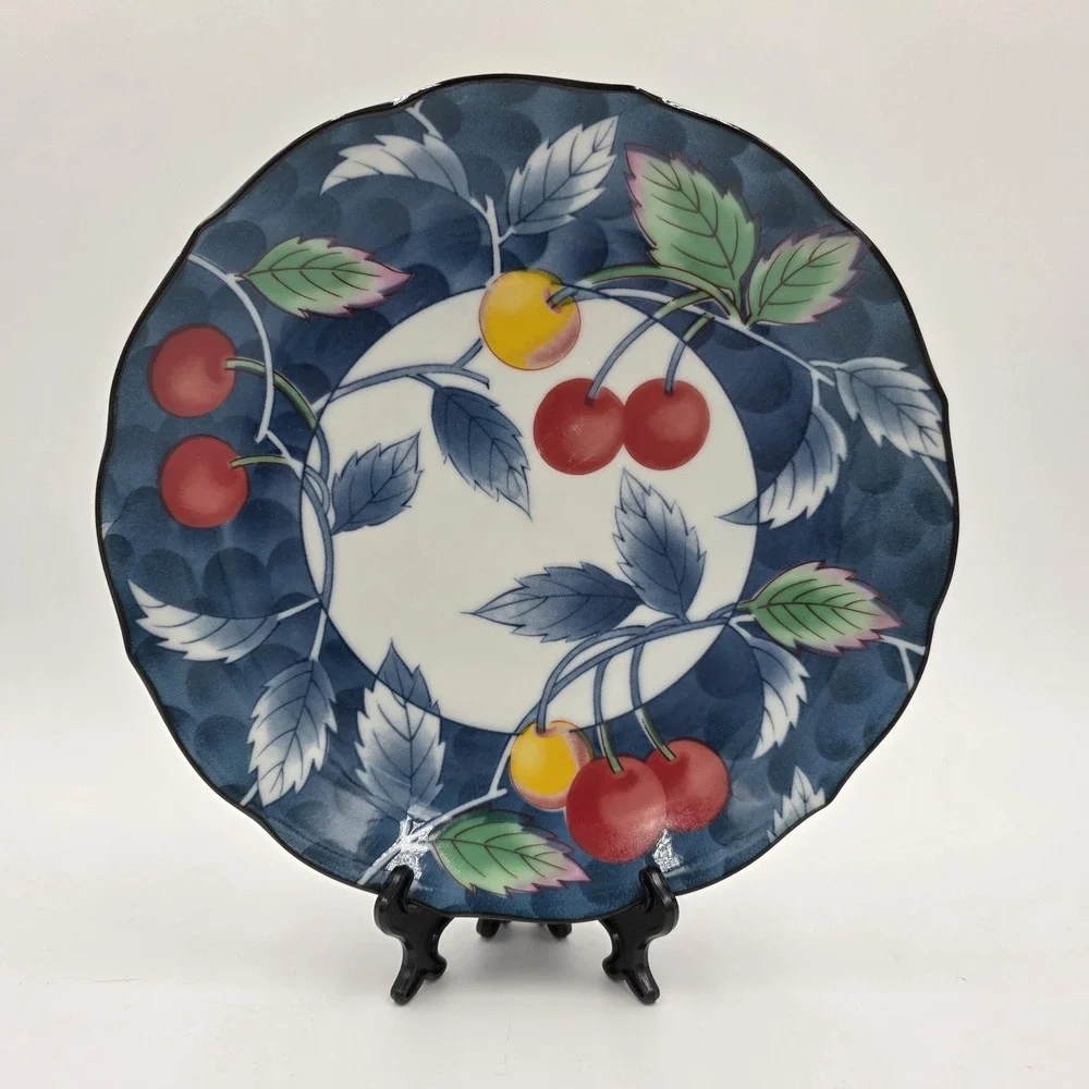 Williams Sonoma Porcelain Salad Plate Blue Red Cherry Tomatoes 1990s Japan‎ 7.5
